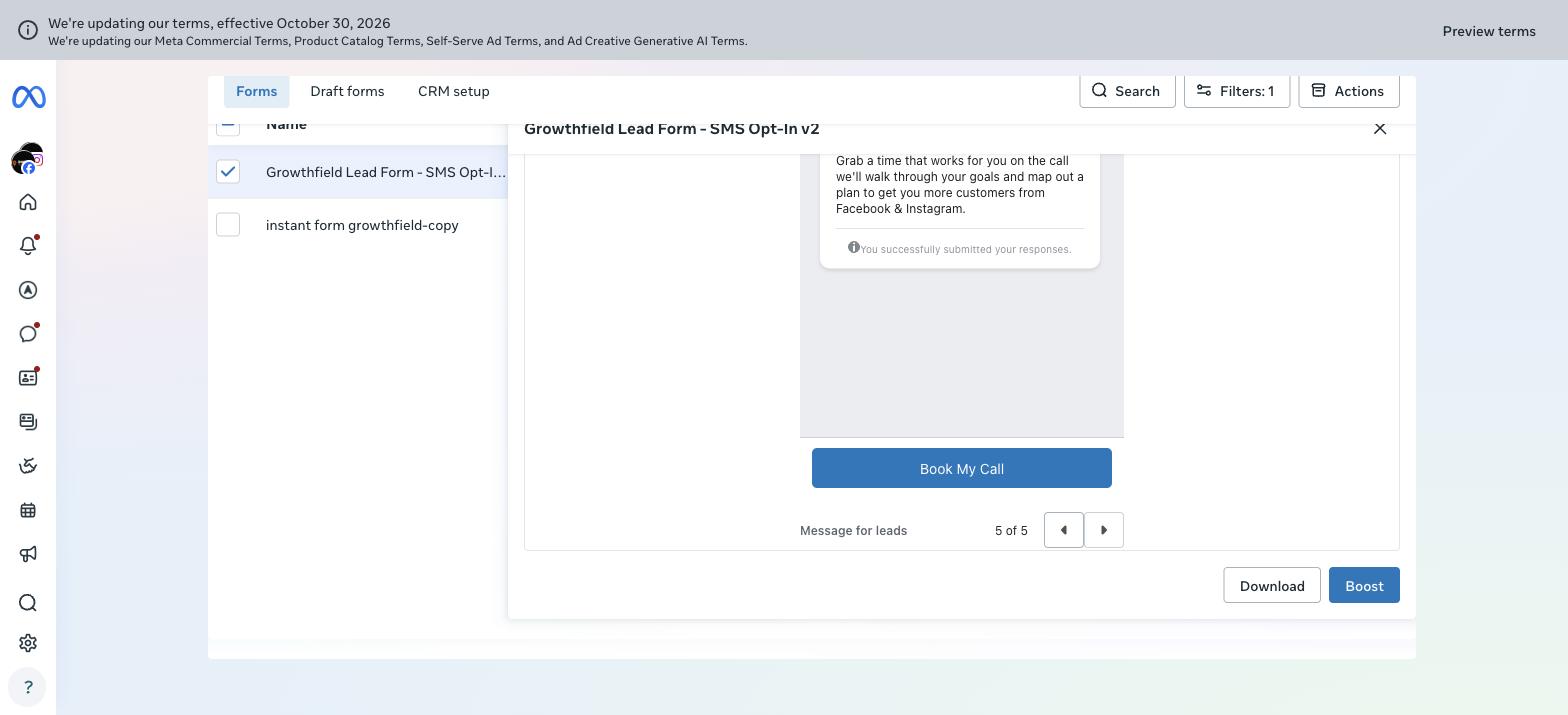 Facebook Ads Manager preview of the thank-you screen of the Growthfield Instant Form, showing a confirmation message and a Book My Call button