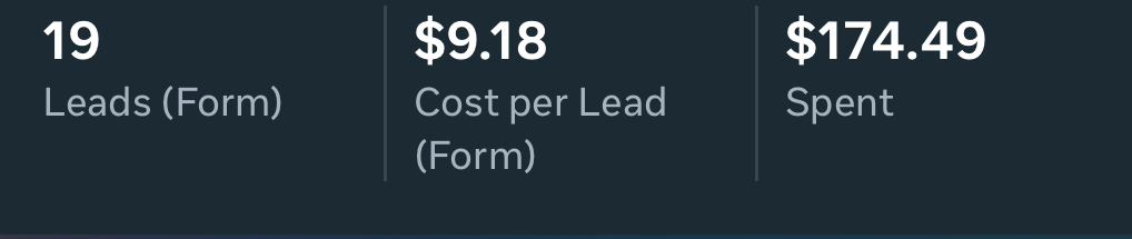 Lead form campaign: 19 leads at $9.18 each